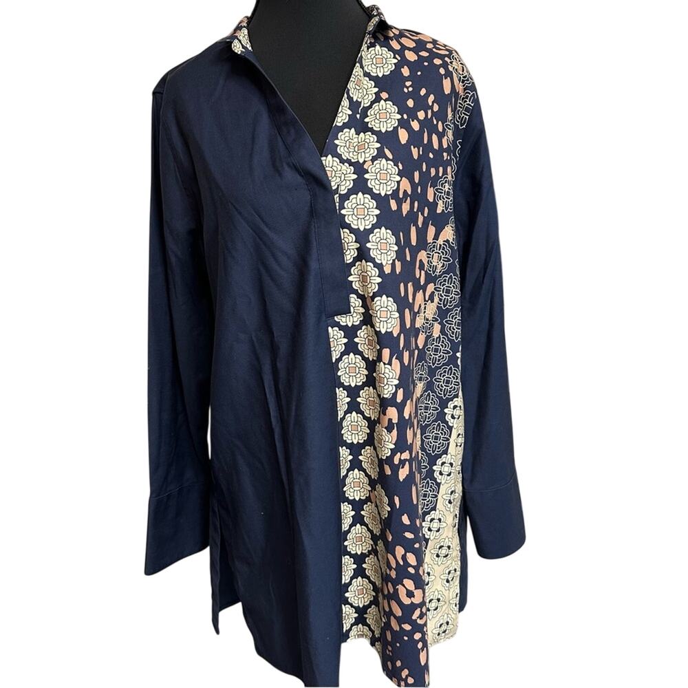 Chico's Women's Sz 1 US 8 M No Iron Mixed Print Tunic Buttons Geometric Travel